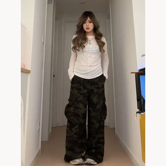 LF カモフラージュカーゴパンツ×シアーロングスリーブトップ カジュアル ストリート