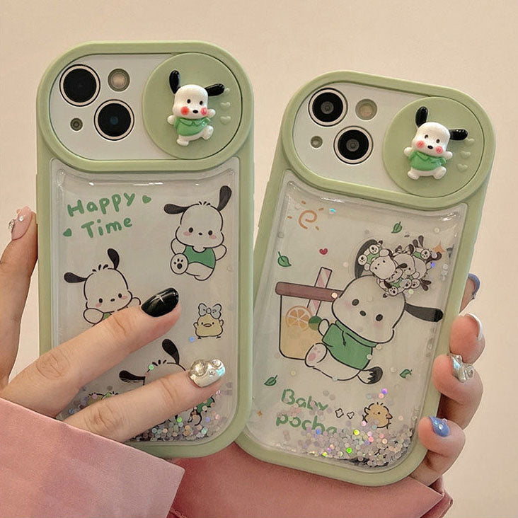 LF キラキラ流れるグリッターケース ポチャッコ スマホケース プッシュプルウィンドウ カメラ保護 携帯電話ケース