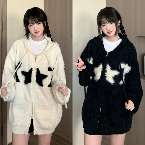 LF04 ふわふわモヘアセーターコート ゆったり ファスナー ニットパーカカーディガン