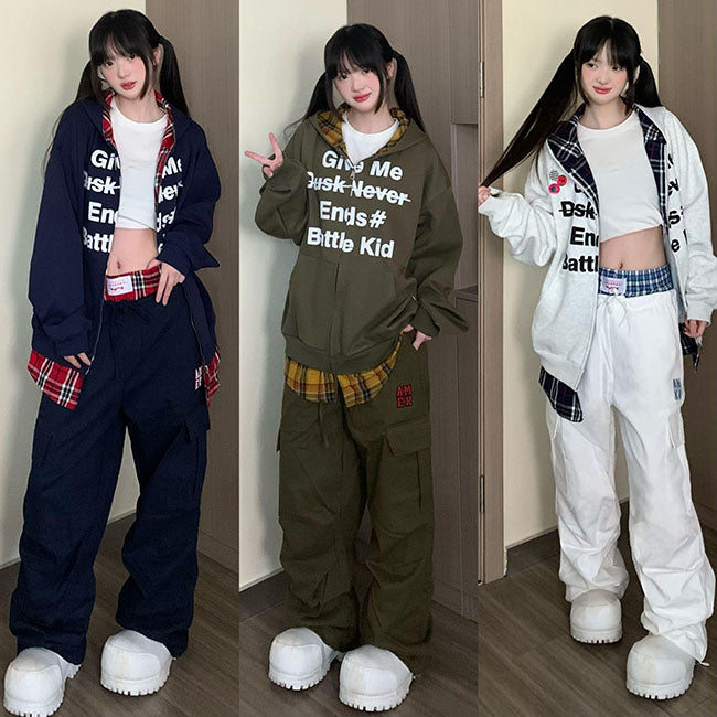 LF04 レトロ チェック切替 フェイクレイヤード ジャケット ダブルウエストカーゴパンツ