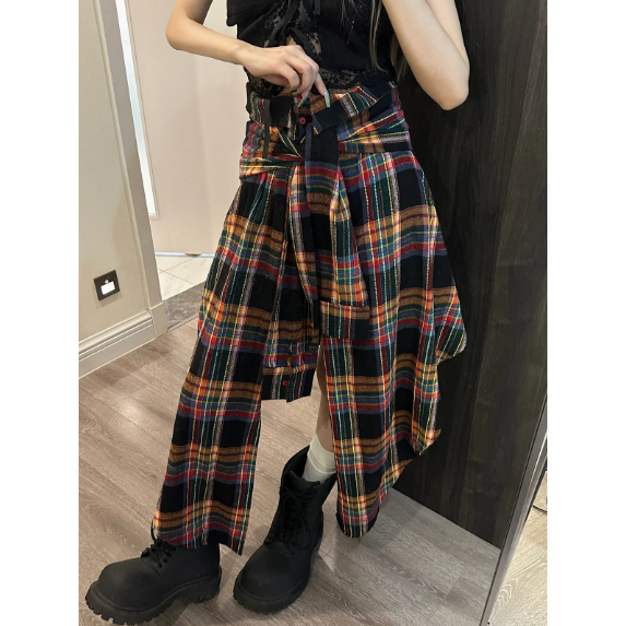 LF ハイウエスト チェック柄 イレギュラースカート 着やせ オシャレ かっこいい Anne