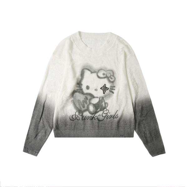 LF04 かっこかわいい Kittyニットシャツ ブラウス ダメージ