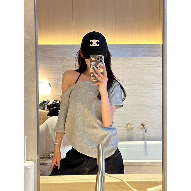 LF ゆったり カジュアル 斜め肩Tシャツ オフショルダー 着痩せ トップス Anne