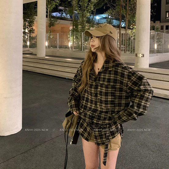 LF ベルト付き オーバーサイズ チェックシャツ 長袖 韓国風 カジュアル レディース