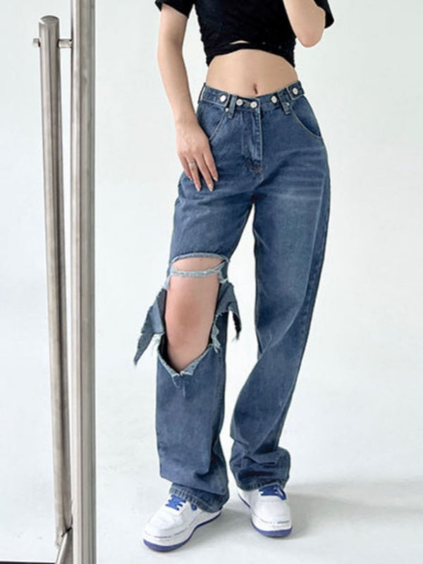 XYW ダメージジーンズ ハイウエスト ストレートパンツ ゆったり 着やせ かっこいい