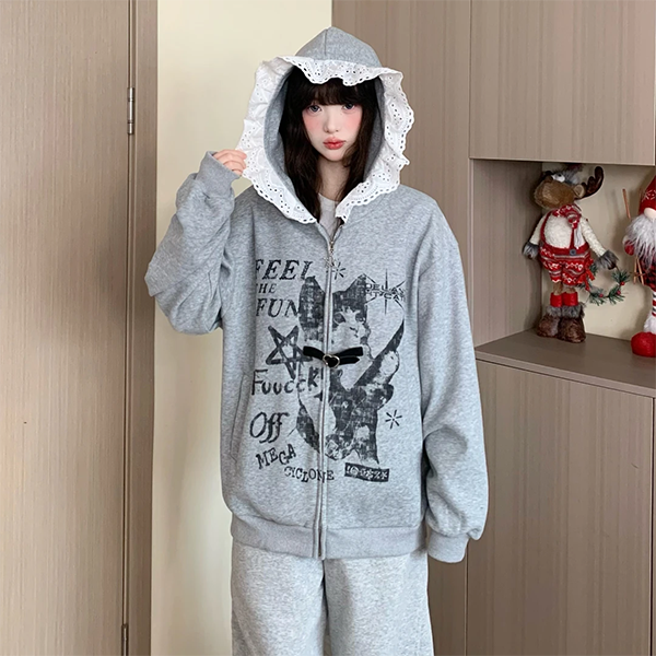 LF04 カーディガン フード付き つばレース切替 かっこかわいい