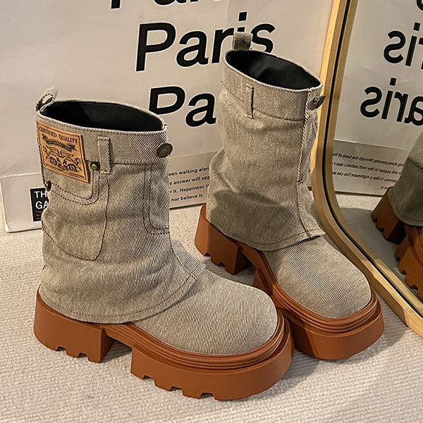 LF03 レトロ 厚底 マーチンブーツ デニム生地 ショートブーツ パンツブーツ かっこかわいい