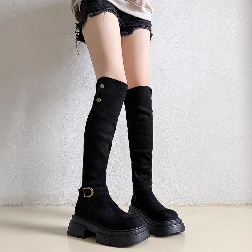 LF02 レトロ 2 WAY ロングブーツ 厚底 スエード ニーハイブーツ