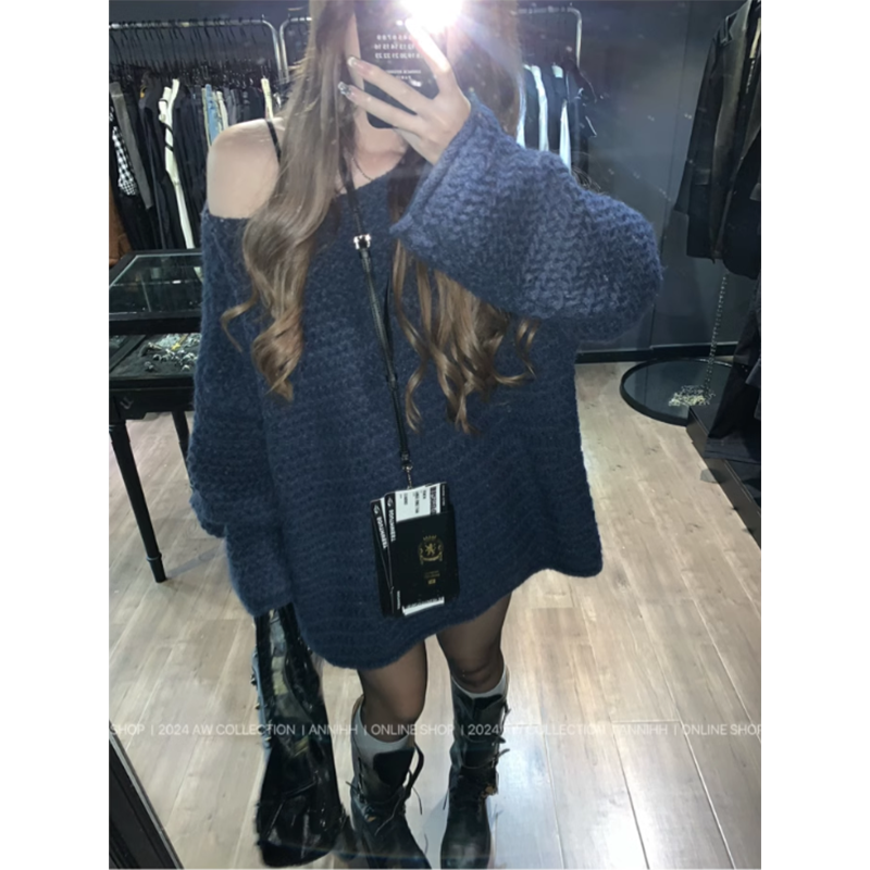 LF ニット 斜め肩セーター グレー&ダークブルー オシャレ かっこかわいい Anne