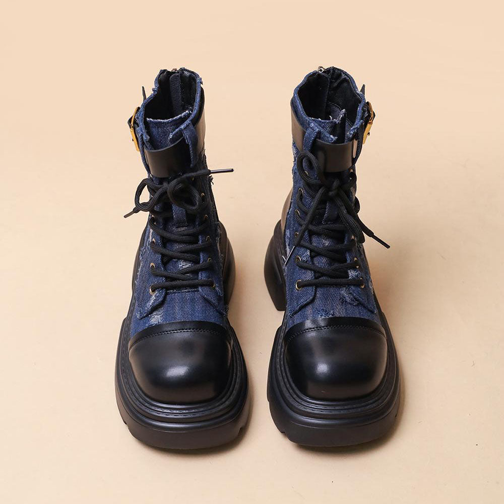 LF02 デニムマーティンブーツ 切替デニム ショートブーツ 通気性 かっこかわいい 靴