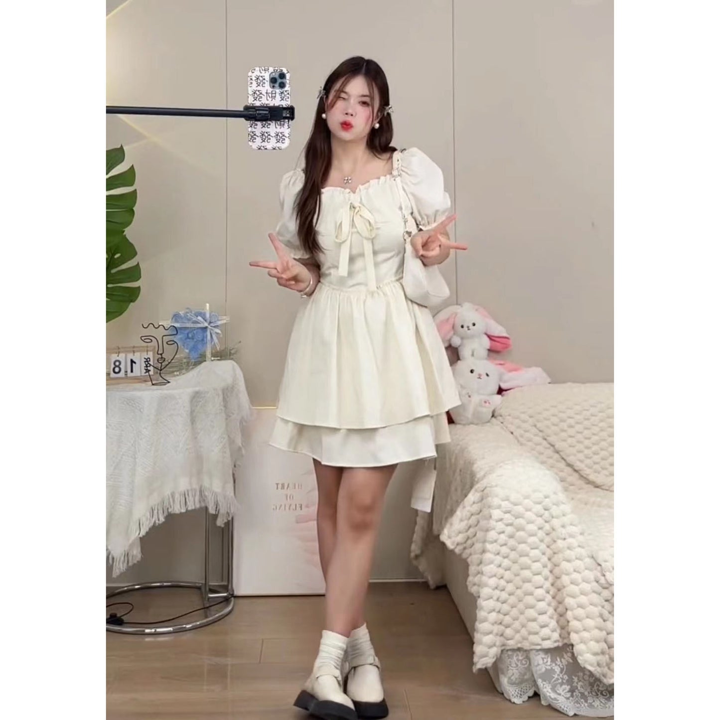 XYW 夏 ホワイトワンピース リボン ふわふわ かわいい 優しい