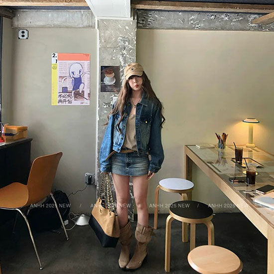 LF ヴィンテージ風デニムジャケット+ハイウエストスカパン セットアップ 細見せ 脚長効果 アメカジ カジュアル