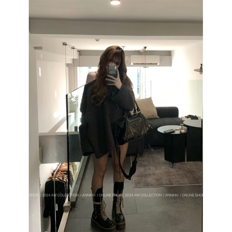 LF ニット 斜め肩セーター グレー&ダークブルー オシャレ かっこかわいい Anne