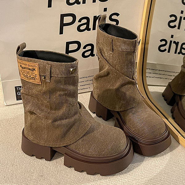 LF03 レトロ 厚底 マーチンブーツ デニム生地 ショートブーツ パンツブーツ かっこかわいい