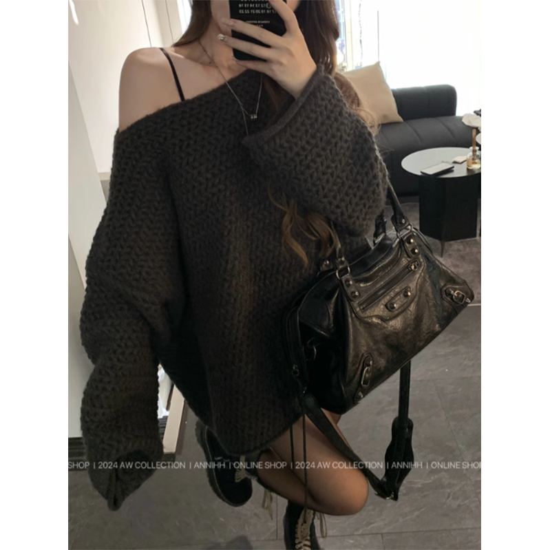 LF ニット 斜め肩セーター グレー&ダークブルー オシャレ かっこかわいい Anne