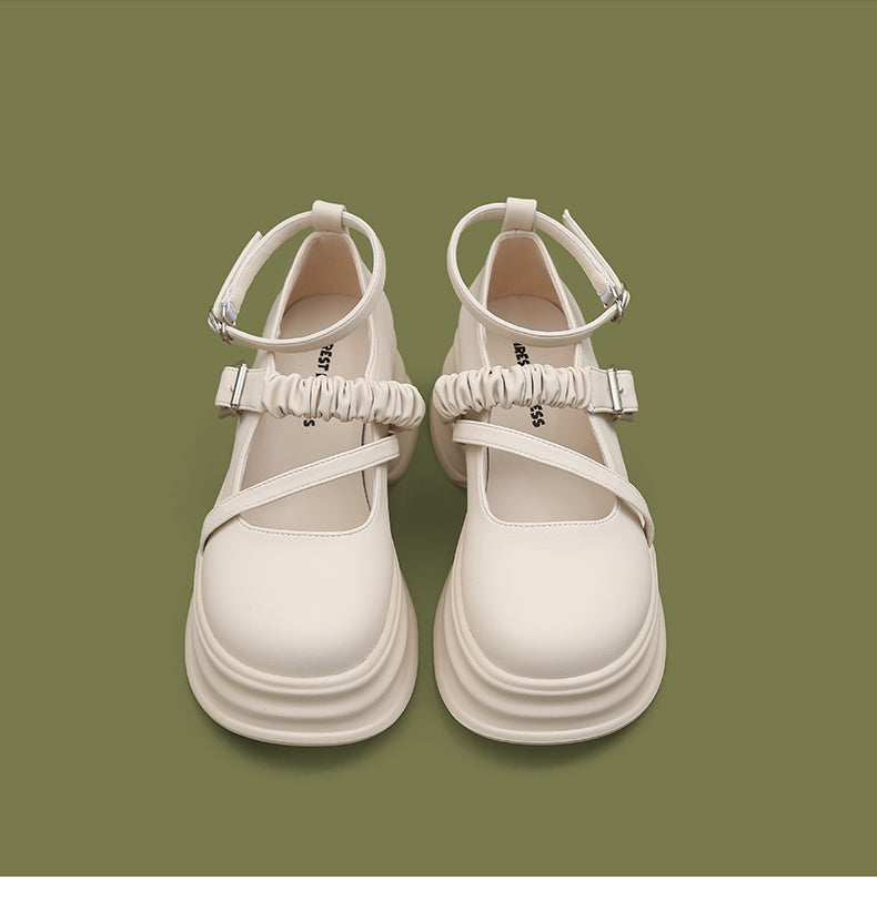 LF02 かわいい メリージェーン ゴムひも 厚底シューズ ホワイト/ブラック