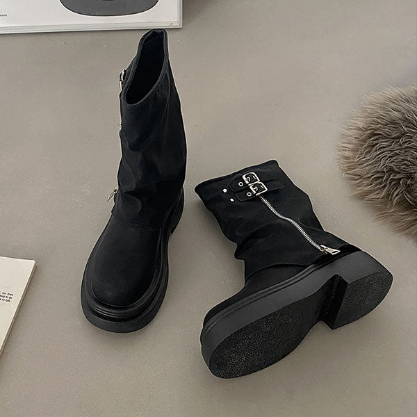 LF 厚底マーチンブーツ レトロ ティアード ショートブーツ 着痩せ