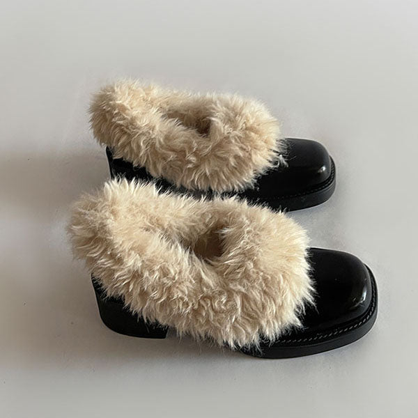 LF ボア縁 レザーシューズ パンプス 太ヒール