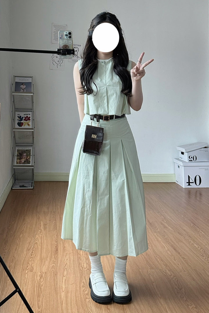 【予約】XYW ミントグリーン タンクトップ ショートトップス + プリーツロングスカート + ウエストポーチ