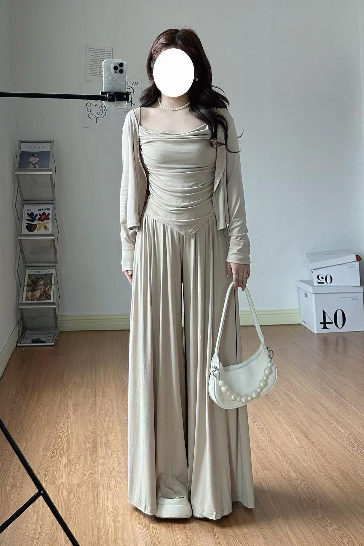 XYW 秋新作 カジュアル カーキ カーディガン + キャミソール + ワイドパンツ セット