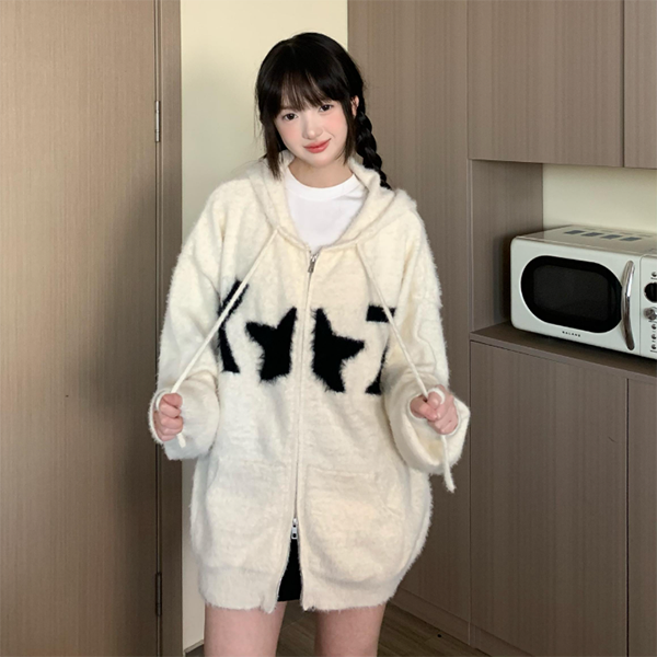 LF04 ふわふわモヘアセーターコート ゆったり ファスナー ニットパーカカーディガン