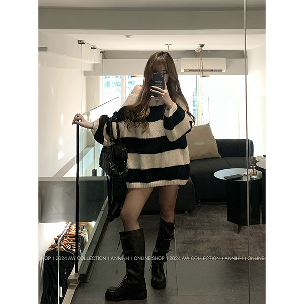 LF ゆったり 斜め肩セーター ボーダー ふわふわ かっこかわいい Anne