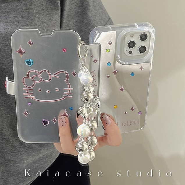 YQQ フリップ型 かわいい ハローキティ メッキ 鏡面仕上げ スマホケース 携帯電話ケース