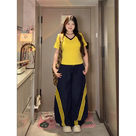 LF 着痩せ イエロートップス ゆったりパンツ ゴムロングパンツ スポーティーセットアップ