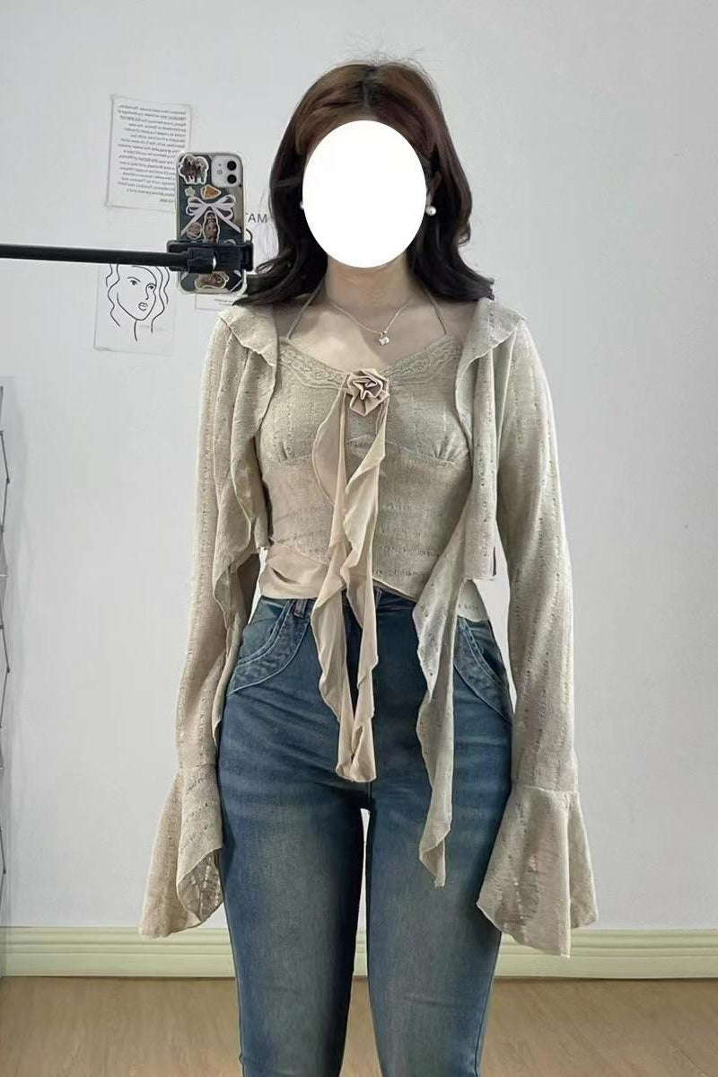 【予約】XYW カーキ レース ふりふり キャミソール + 長袖カーディガン 2点セット