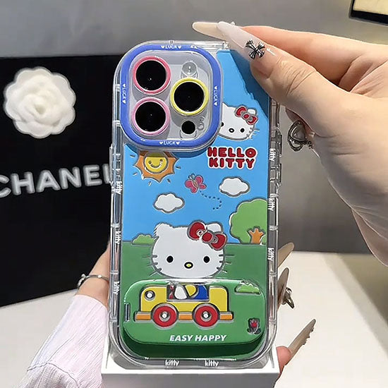 LF かわいい KT 化粧鏡付きスマホケース 携帯電話ケース 粘着式スマホホルダー付き