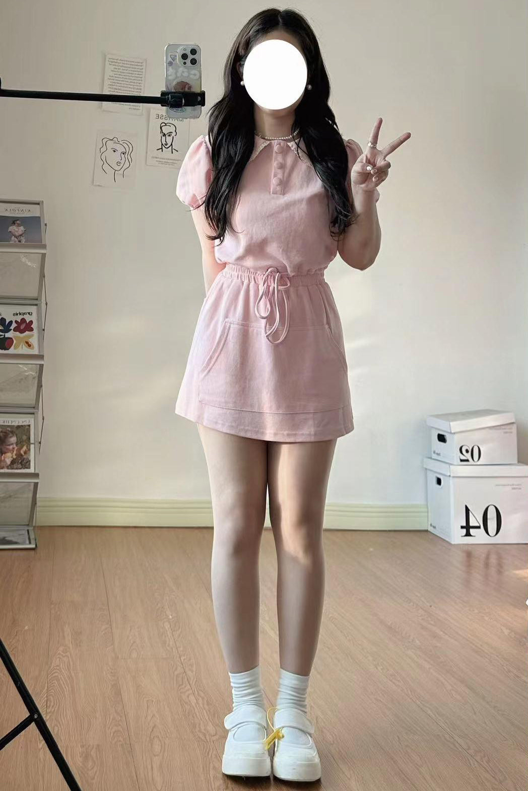 【予約】XYW ピンク 折り襟 ショートトップス + ショートスカート セット 可愛い カジュアル