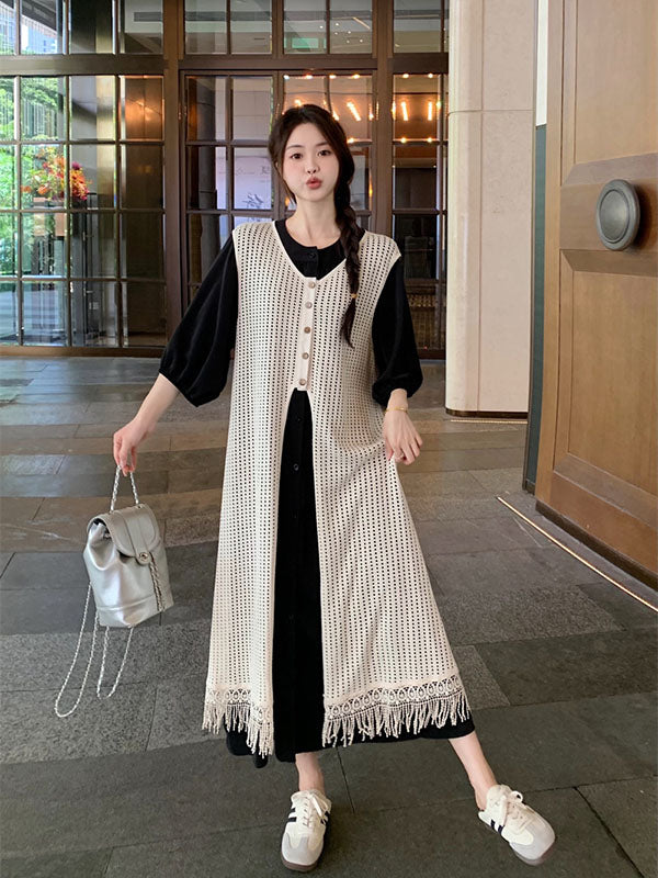 LF ゆったり ニット シャツワンピース スリークォータースリーブ ワンピース 2点セット