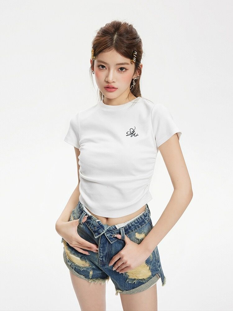 XYW ショート トップス 半袖 Tシャツ サイドドローコード 着やせ ギャル