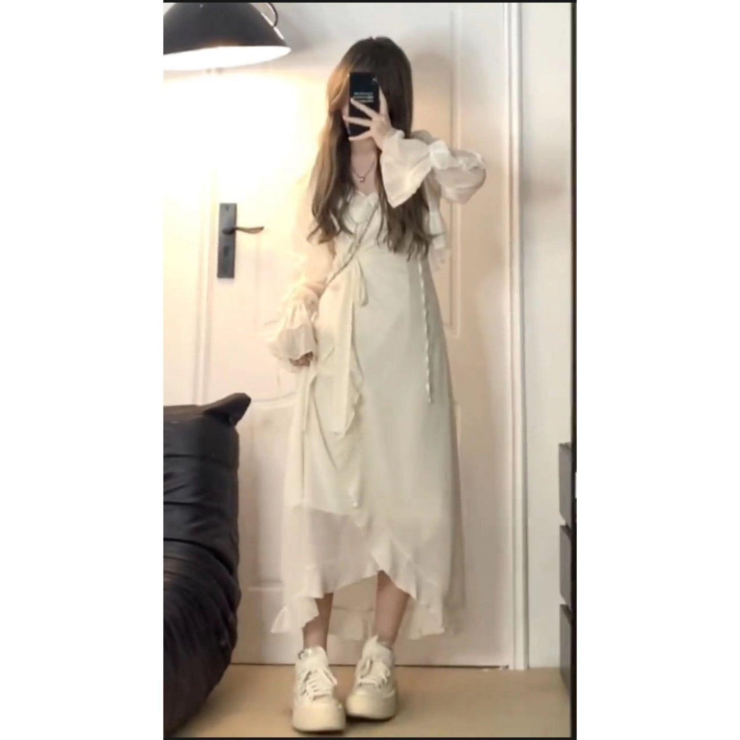 XYW 着やせ パープル & ブラック キャミワンピ カーディガン フリル ふりふり