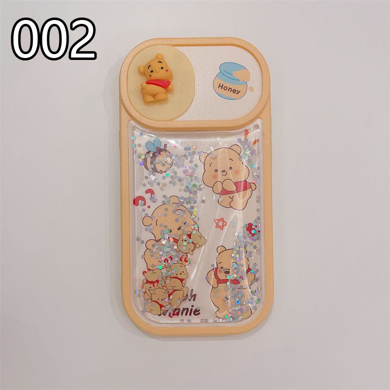 LF キラキラ流れるグリッターケース プーさん スマホケース プッシュプルウィンドウ カメラ保護 携帯電話ケース