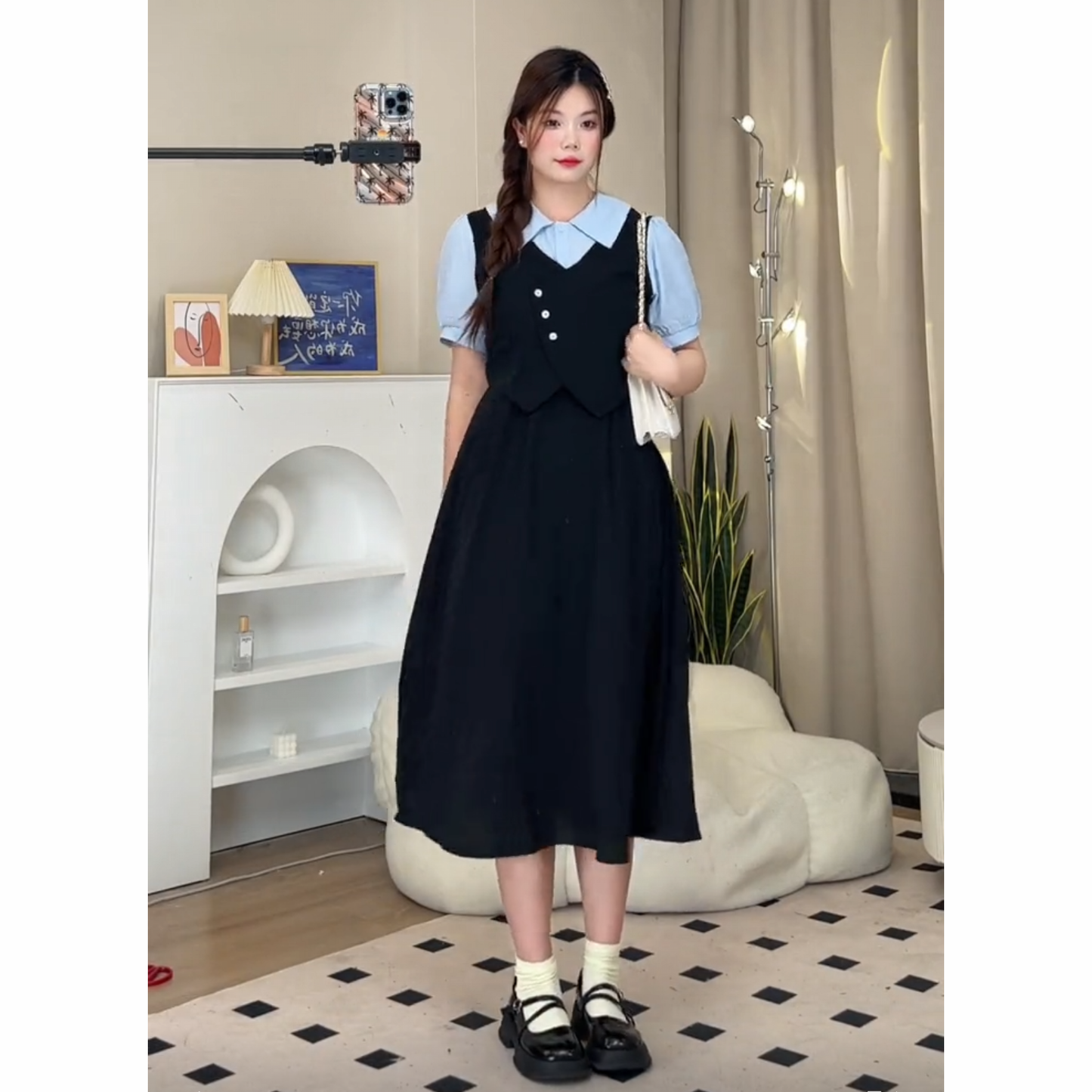 XYW フェイクレイヤードワンピース シャツワンピース 切り替え Aライン 折り襟 着痩せ