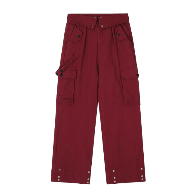 LF04 レッド カーゴパンツ ハイウエスト ウエストデザイン ストリート かっこかわいい