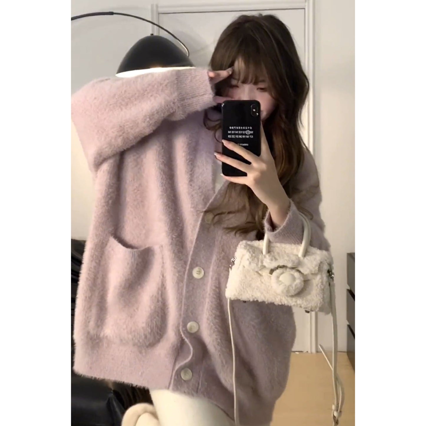 LF01 ふわふわ セーター カーディガン 着やせ やわらか かわいい 【パープル/ホワイト】 Anne