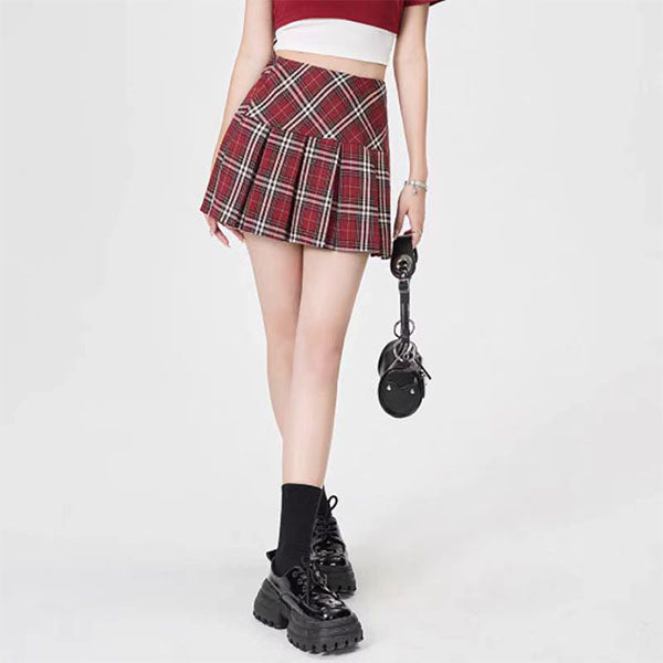 LF アメリカンレトロ レッドチェック柄スカート プリーツスカート ハイウエスト 着痩せ Anne