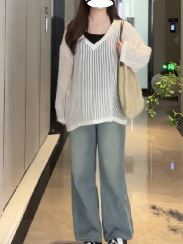 大サイズ ストレートジーンズ ハイウエストゆったり着やせワイドパンツ キャミソール+透かし彫り日焼け止めブラウスセットおしゃれな2点セットX15