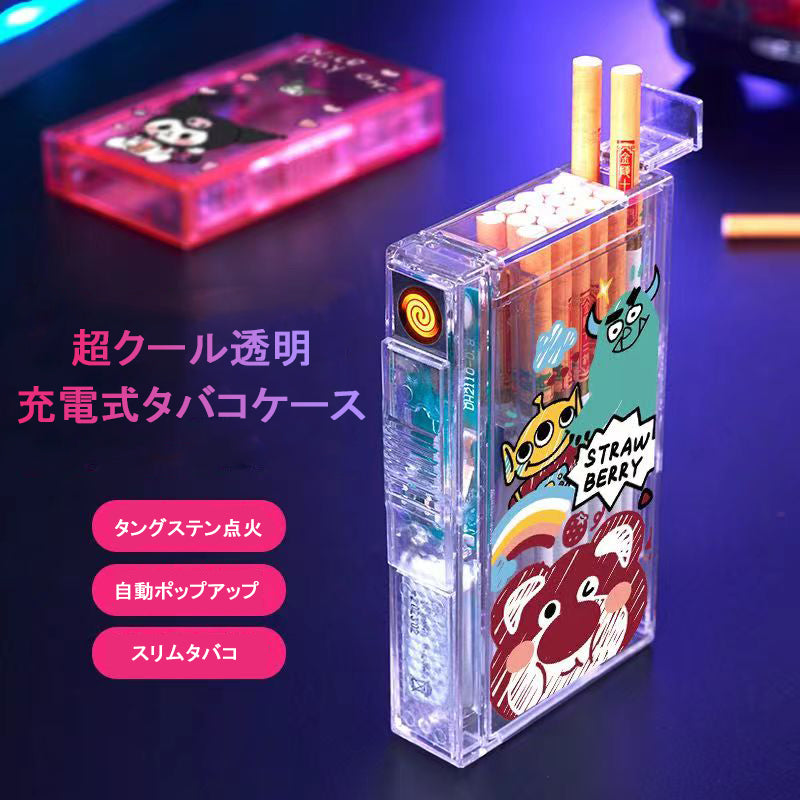 YQQA23 (ロングバージョン)可愛い充電ライター+タバコケース一体防風20本入り