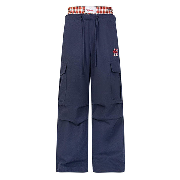 LF04 レトロ チェック切替 フェイクレイヤード ジャケット ダブルウエストカーゴパンツ