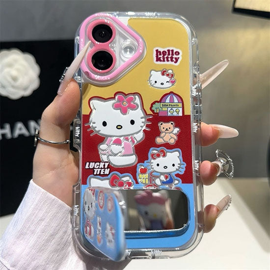 LF かわいい KT 化粧鏡付きスマホケース 携帯電話ケース 粘着式スマホホルダー付き
