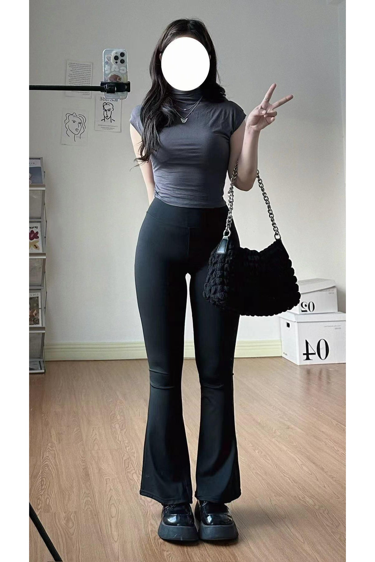 XYWA09 グレー セミハイネック 半袖 Tシャツ スリムフィット 着やせ