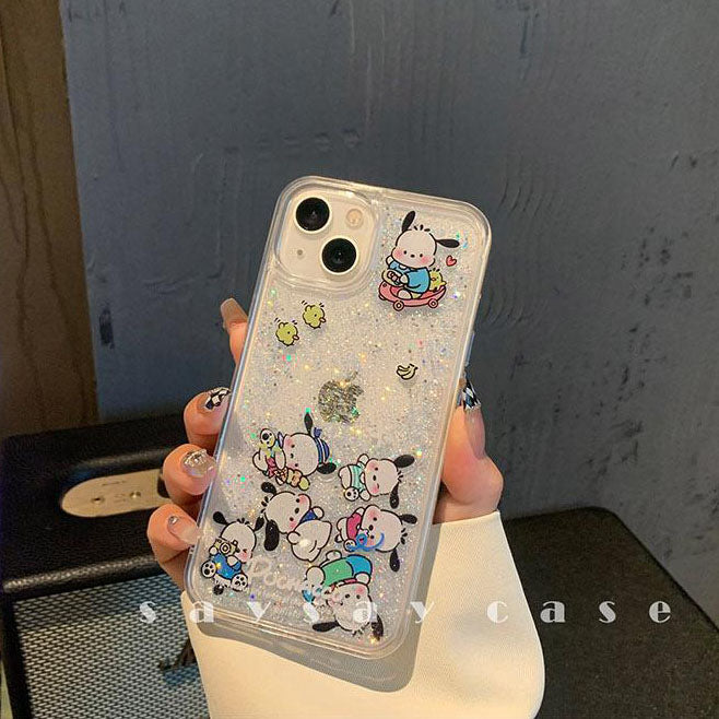 LF ポチャッコ&シナモロール キラキラ流れるグリッターケース スマホケース 携帯電話ケース