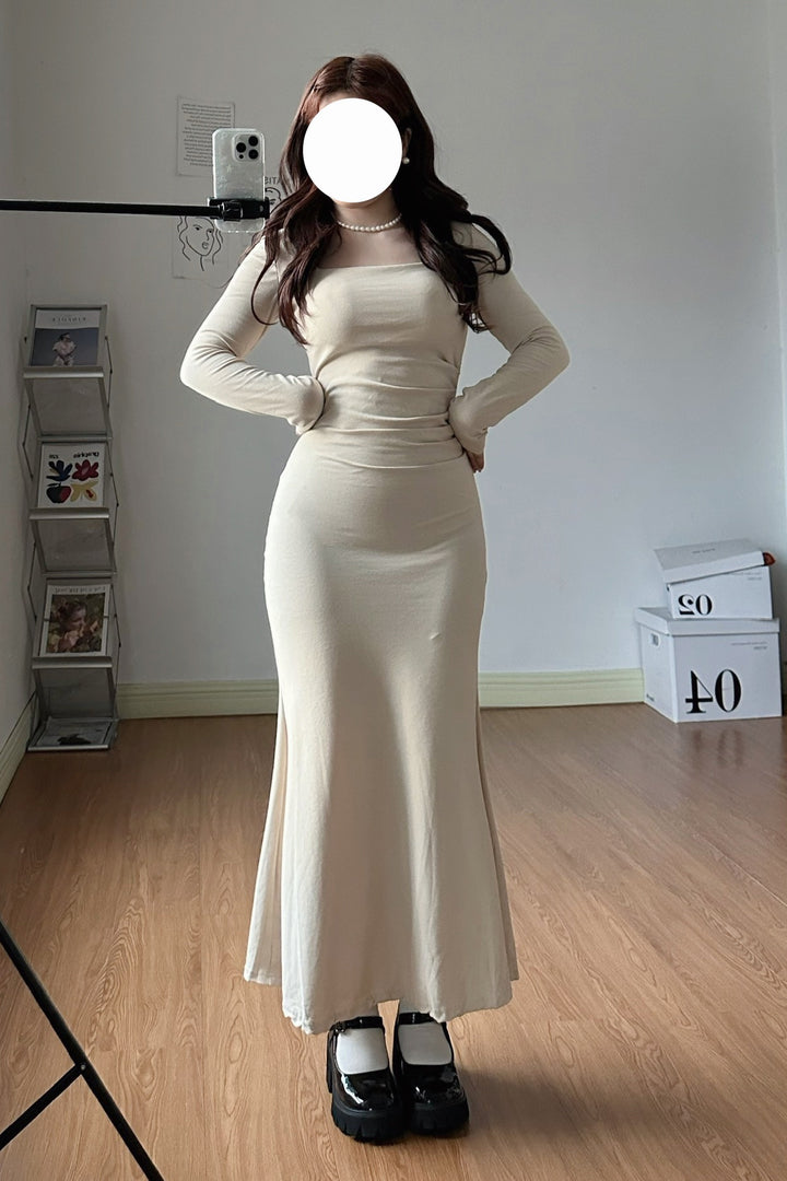 【予約】XYW アイボリー スクエアネック 長袖ワンピース マーメイドワンピース ブラパッド付き フェミニン