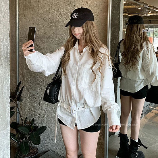 LF ベルトデザイン オーバーサイズ ロングシャツ ホワイト カジュアル デイリー 春コーデ