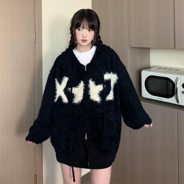 LF04 ふわふわモヘアセーターコート ゆったり ファスナー ニットパーカカーディガン