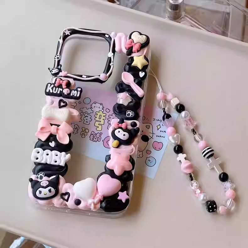 LF ピンクブラックテーマ クロミ かわいい ホイップ携帯ケース オリジナルデザイン 完成品