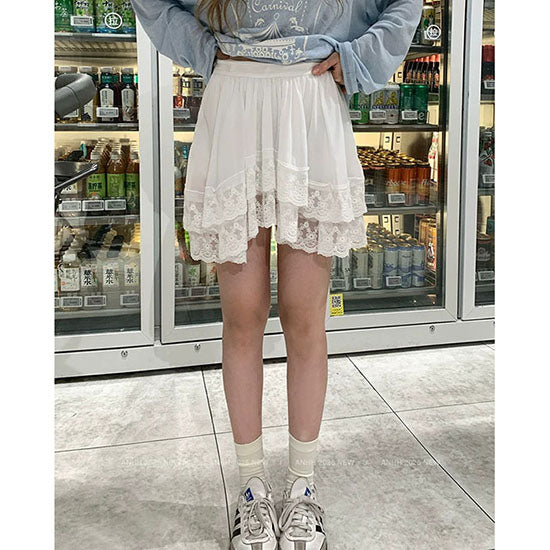 LF 【2色展開】回転木馬プリント 薄手長袖トップス レースフリルスカート セットアップ 韓国ファッション ガーリーコーデ